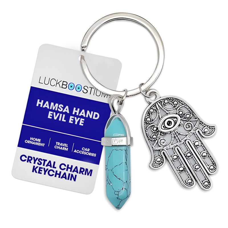 LUCKBOOSTIUM Hamsa Hand Evil Eye Keychain Charm, Crystal Key Holder, Bag Ring Decoration, Protection Amulet with Gemstone Accents for Luck, Healing & Positive Energy - Blue Turquoise (1.5â€x3â€) - Image 1